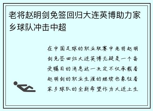 老将赵明剑免签回归大连英博助力家乡球队冲击中超