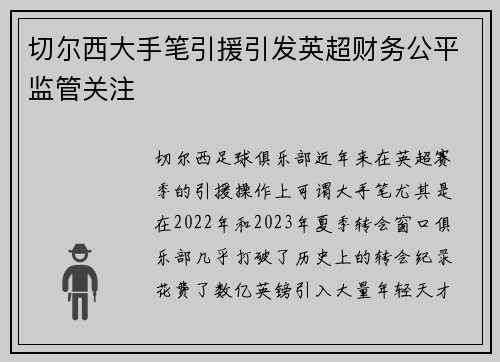 切尔西大手笔引援引发英超财务公平监管关注